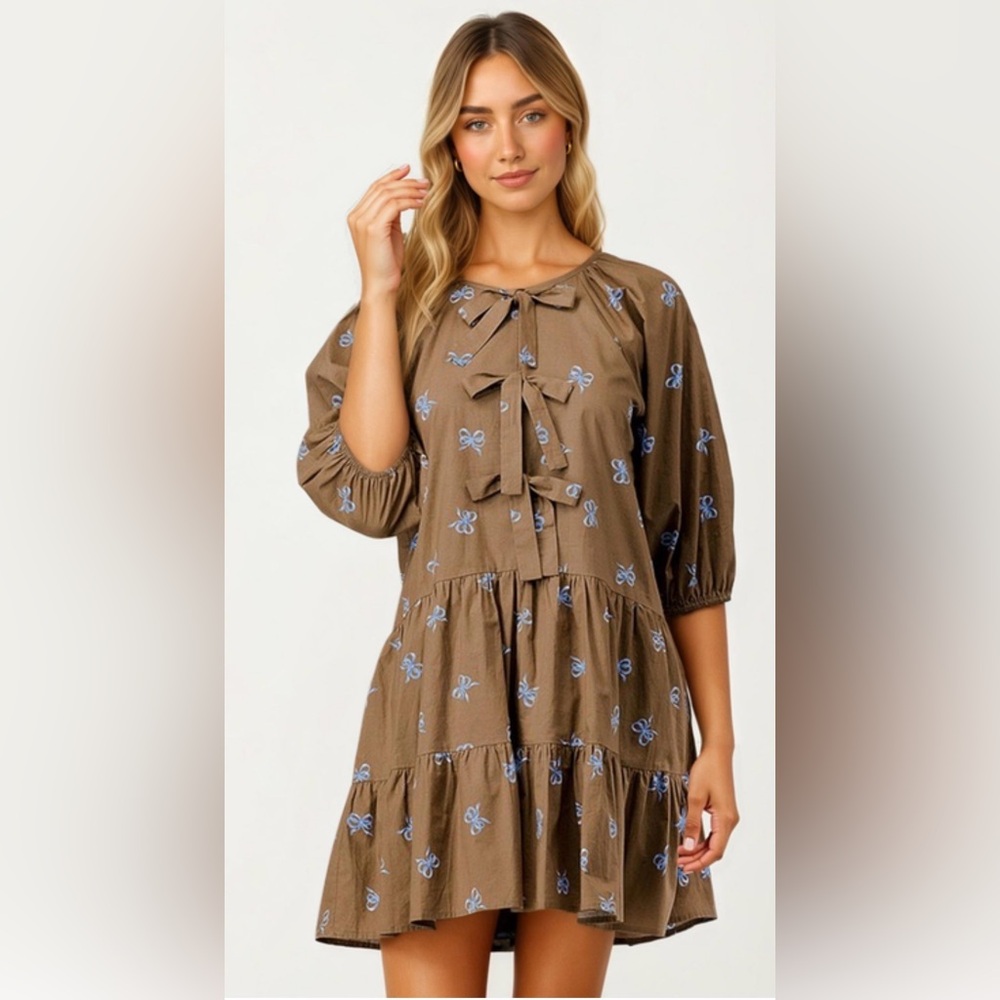 Lovelo tiered mini dress with bow embroidery